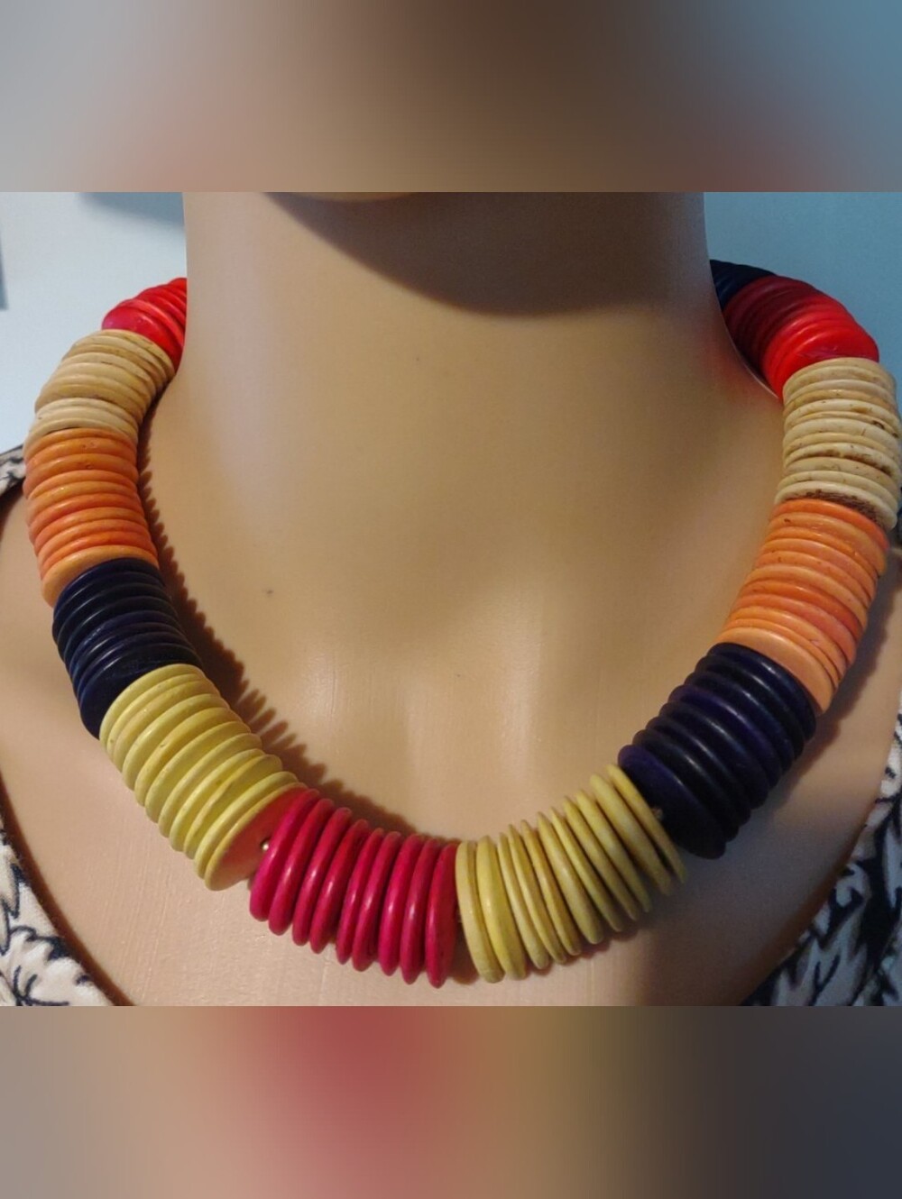 Vintage 1970s Wood Disc Necklace Red Orange Blue Yellow Black Boho Tribal 19”